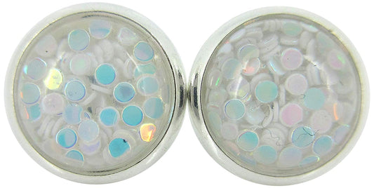 Shiny Silver-tone White Iridescent Glitter Resin Stud Earrings 10mm