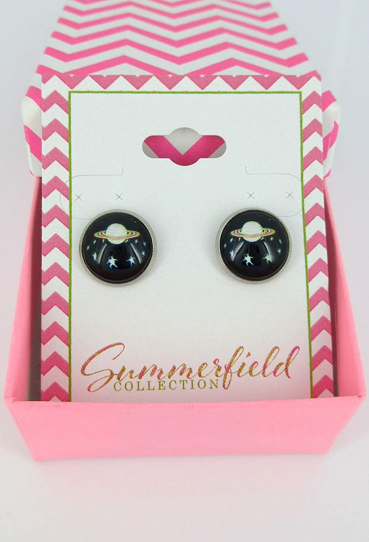 Stainless Steel Black Planet and Star Galaxy Print Glass Stud Earrings 12mm