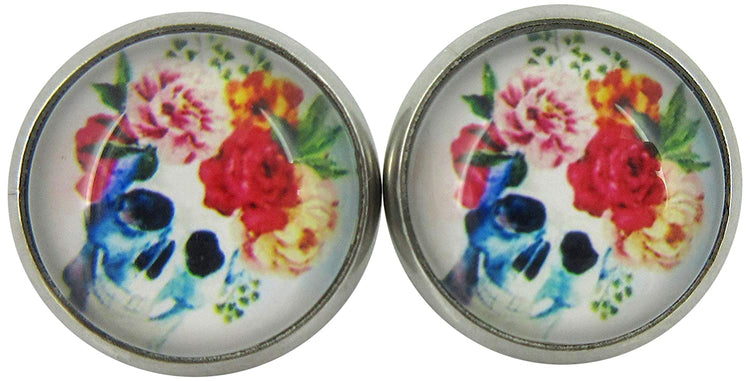 Stainless Steel Watercolor Skull with Flowers Printed Glass Stud Earrings 12mm