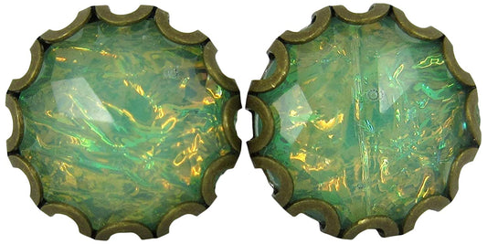 Antiqued Gold-tone Green AB Resin Opalescent Flake Stud Earrings 10mm