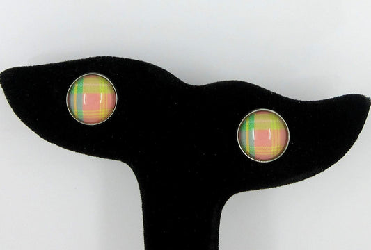 Stainless Steel Duo Stud Earrings Plaid Print Glass 12mm Set