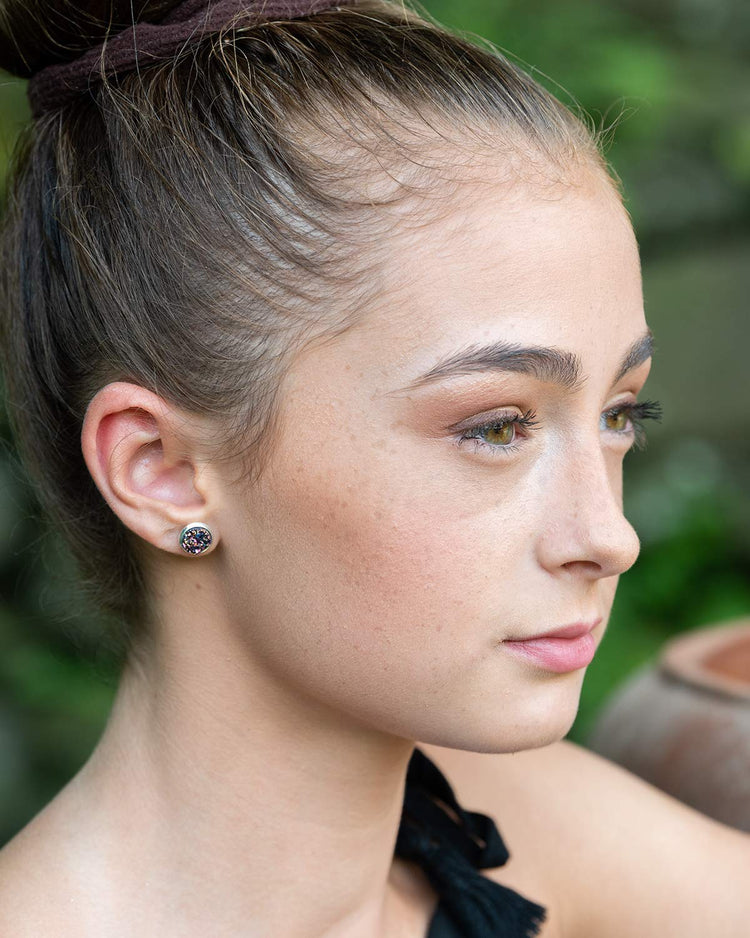 Silver-tone Pink and Teal Faux Druzy Stone Stud Earrings 8mm