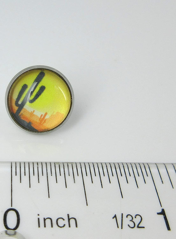 Stainless Steel Vintage Desert Cactus Print Glass Stud Earrings 12mm