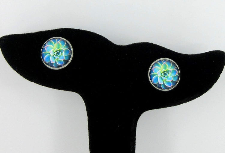 Stainless Steel Blue and Green Succulent Plant Print Glass Stud Earrings 12mm