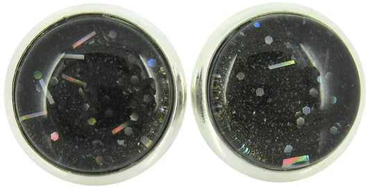 Silver-tone Black Galaxy Glitter Glass Stud Earrings Hand-painted 10mm