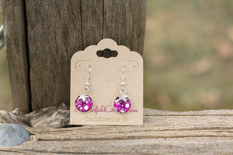 Silver-tone Magenta Pink and White Glitter Glass Star Galaxy Dangle Earrings