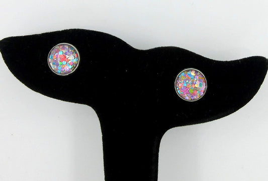 Stainless Steel Metallic Pastel Glitter Glass Stud Earrings Hand-painted 10mm