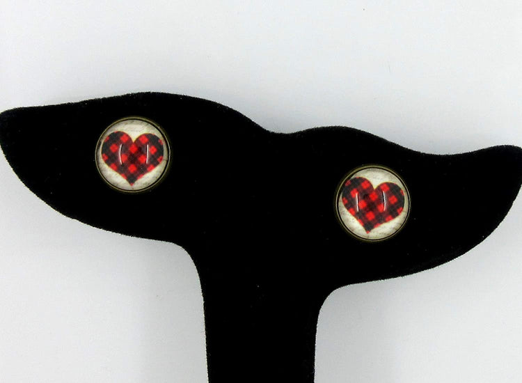 Antiqued Gold-tone Buffalo Plaid Heart Print Glass Stud Earrings 12mm