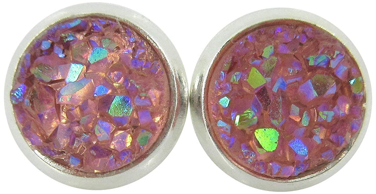 Silver-tone Light Pink AB Faux Druzy Stone Stud Earrings 8mm