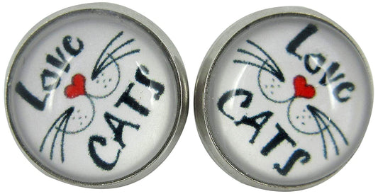 Stainless Steel Love Cats Whisker Face Print Glass Stud Earrings 12mm White Black Red