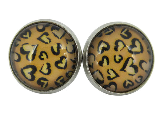 Stainless Steel Heart Cheetah Animal Print Glass Stud Earrings 12mm Black Brown