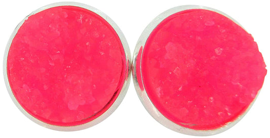 Silver-tone Neon Pink Faux Druzy Stone Stud Earrings 12mm