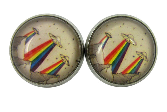 Stainless Steel Rainbow UFO Print Glass Stud Earrings 12mm