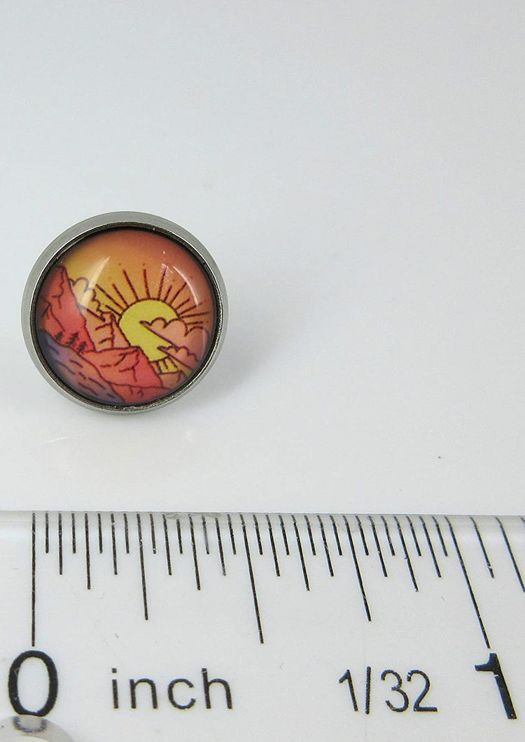 Stainless Steel Vintage Sunrise Print Glass Stud Earrings 12mm