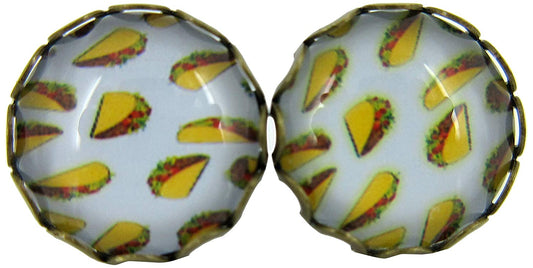 Antiqued Gold-tone Taco Print Glass Stud Earrings 12mm