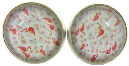 Silver-tone White Pink and Blue Flamingo Print Glass Stud Earrings 12mm