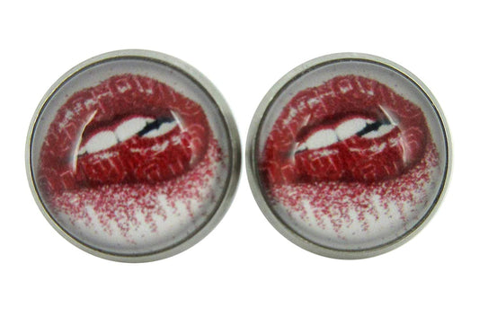 Stainless Steel Lip Bite Print Glass Stud Earrings 12mm White Red Lipstick