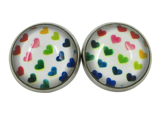 Stainless Steel Rainbow Multi Heart Print Glass Stud Earrings 12mm White Red