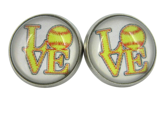 Stainless Steel Love Softball Print Glass Stud Earrings 12mm