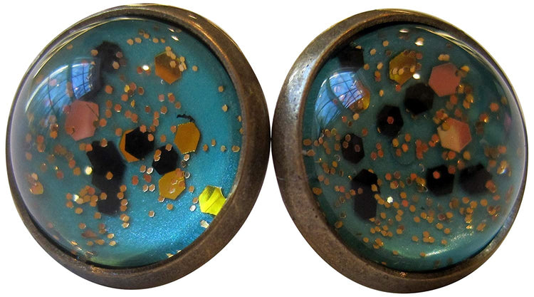 Antiqued Gold-tone Mint Green and Black Glitter Glass Stud Earrings Hand-painted 12mm