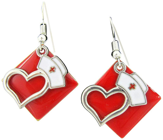 Silver-tone Red Enamel Nurse Hat Heart Charm Dangle Earrings