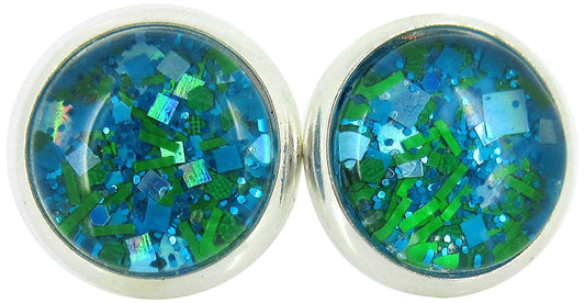 Silver-tone Aqua Blue and Green Glitter Glass Stud Earrings Hand-painted 10mm
