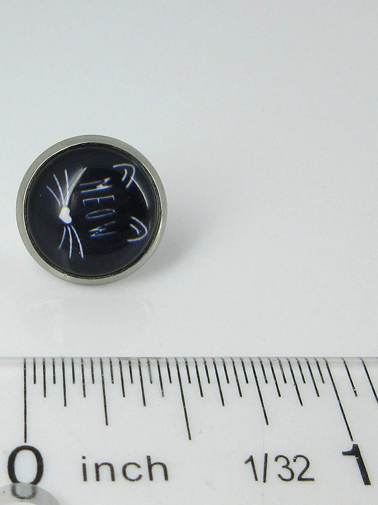 Stainless Steel Black Cat Face Print Glass Stud Earrings 12mm