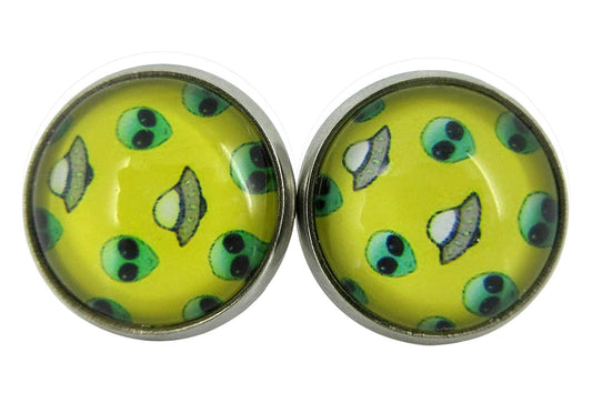 Stainless Steel Yellow and Neon Green Alien UFO Print Glass Stud Earrings 12mm