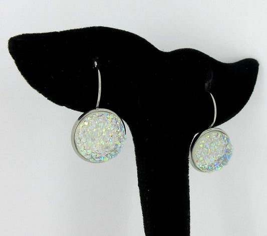 Stainless Steel Clear AB Faux Druzy Stone Lever-back Drop Earrings 14mm