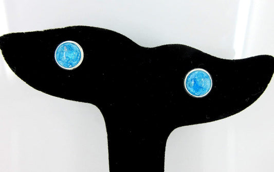 Shiny Silver-tone Aqua Blue and Opalescent Leaf Resin Stud Earrings 8mm
