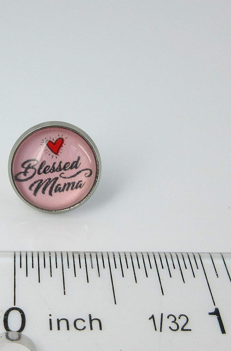 Stainless Steel Blessed Mama Print Glass Stud Earrings 12mm