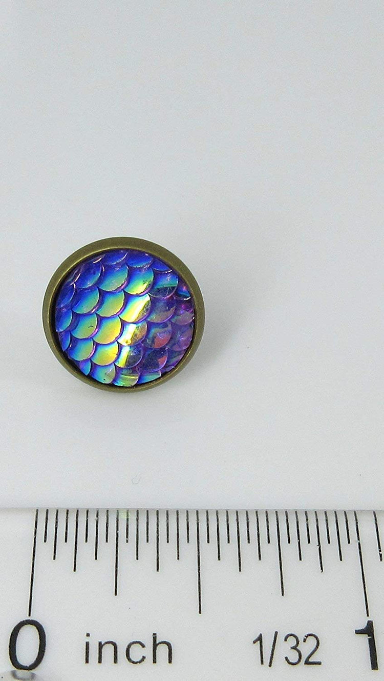 Antiqued Gold-tone Metallic Mermaid Scale Stud Earrings 12mm Purple Blue AB