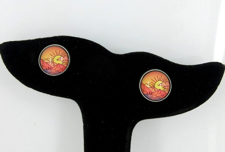 Stainless Steel Vintage Sunrise Print Glass Stud Earrings 12mm