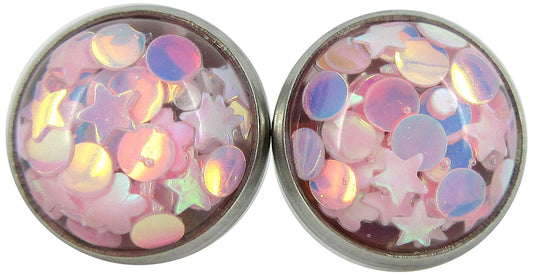 Stainless Steel Glitter Resin Globe Stud Earrings 12mm Ballet Pink