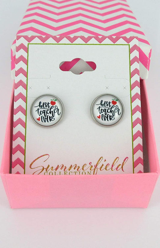 Stainless Steel Best Teacher Ever Red Apple Print Glass Stud Earrings 12mm