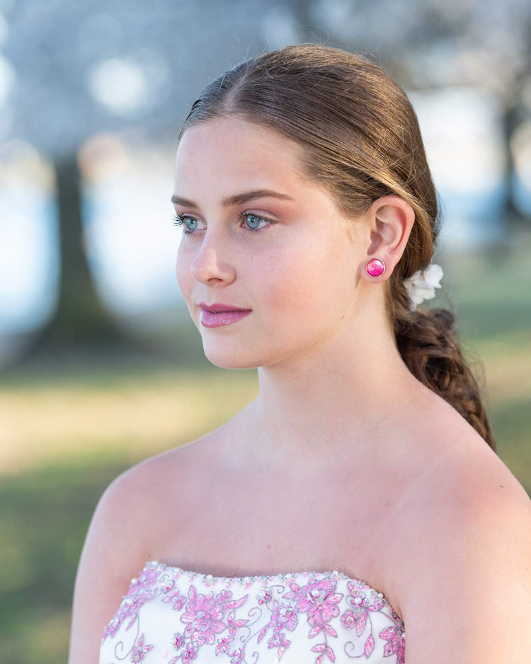 Silver-tone Pink and Gold Shimmer Glitter Glass Stud Earrings Hand-painted 12mm