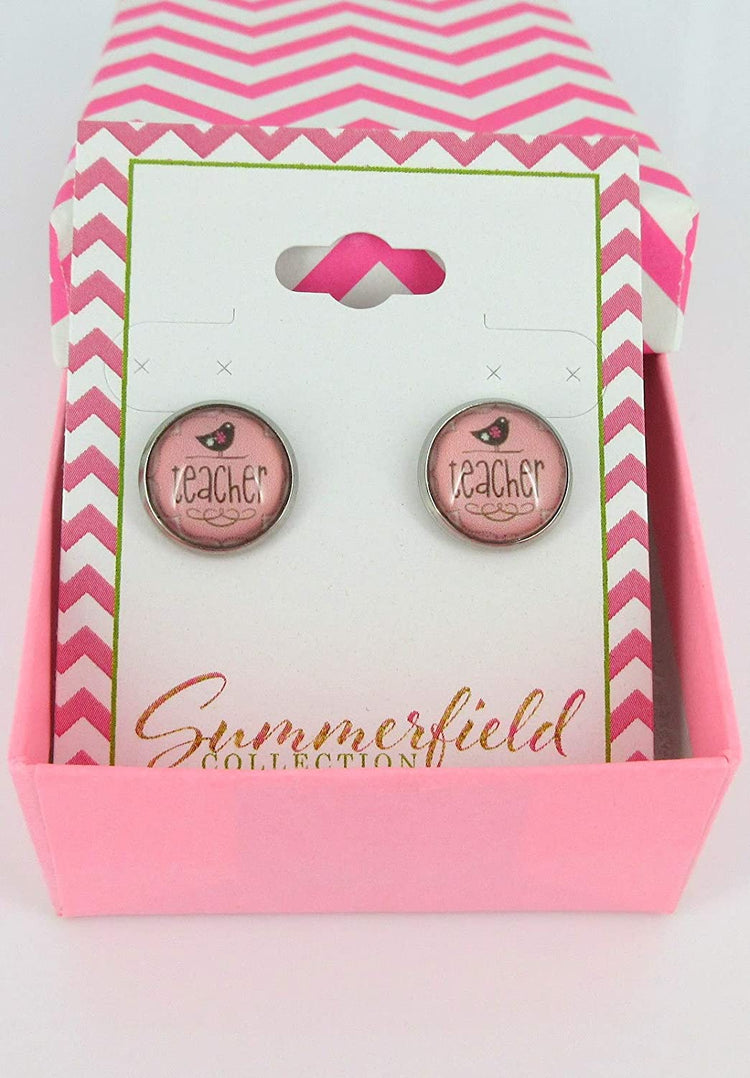 Stainless Steel Teacher Bird Print Glass Stud Earrings 12mm Pink