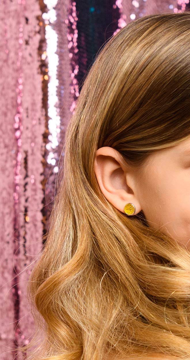 Silver-tone Yellow Faux Druzy Stone Stud Earrings