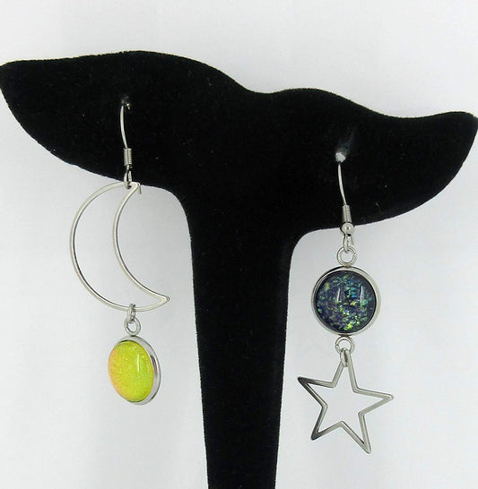 Stainless Steel Mismatch Glitter Glass Moon and Star Charm Dangle Earrings