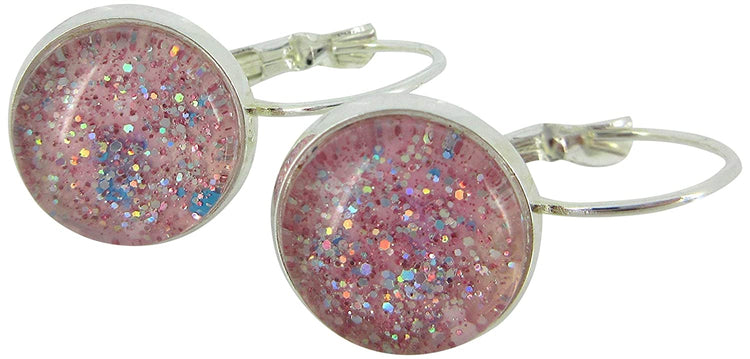 Silver-tone Pink Glitter Glass Galaxy Drop Earrings Leverback Hand-painted