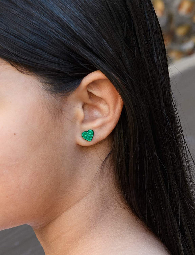 Stainless Steel Teal Blue Green Glitter Acrylic Heart Stud Earrings 8mm