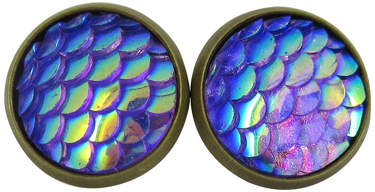 Antiqued Gold-tone Metallic Mermaid Scale Stud Earrings 12mm Purple Blue AB