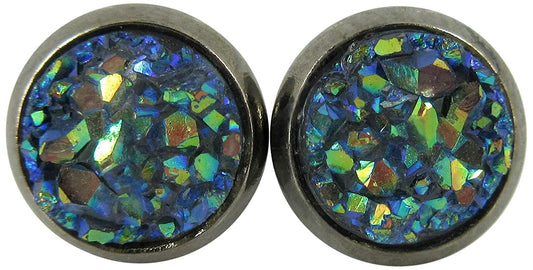 Hematite-tone Faux Druzy Stone Stud Earrings 8mm