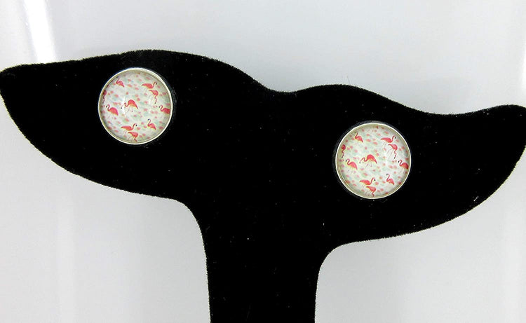 Silver-tone White Pink and Blue Flamingo Print Glass Stud Earrings 12mm