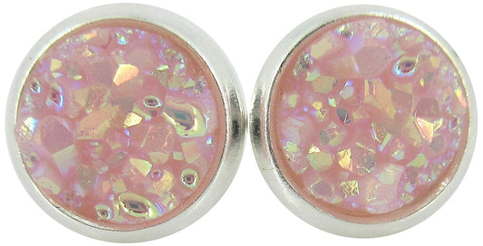 Silver-tone Ballet Pink AB Faux Druzy Stone Stud Earrings 8mm