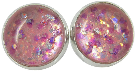 Silver-tone Pink and Purple Iridescent Glitter Glass Stud Earrings Hand-painted 12mm