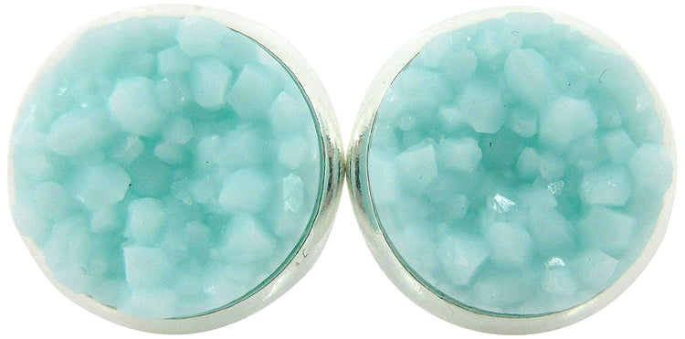 Silver-tone Faux Druzy Stone Stud Earrings 10mm (Lt Aqua Blue)