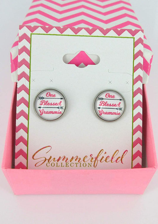 Stainless Steel One Blessed Grammie Print Glass Stud Earrings 12mm