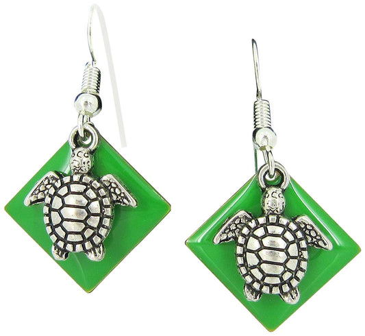 Silver-tone Green Enamel Sea Turtle Charm Dangle Earrings