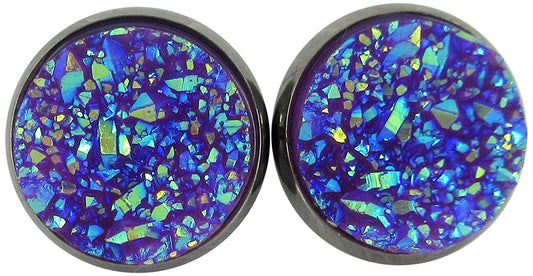 Hematite-tone Purple Faux Druzy Stone Stud Earrings 12mm